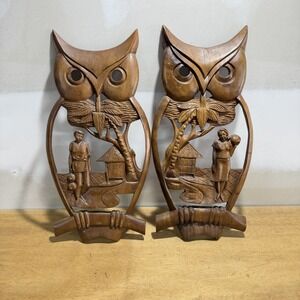 Vintage Wood Owls Wall Art Decor MCM Polynesian Hand Carved Folk Art Set 2